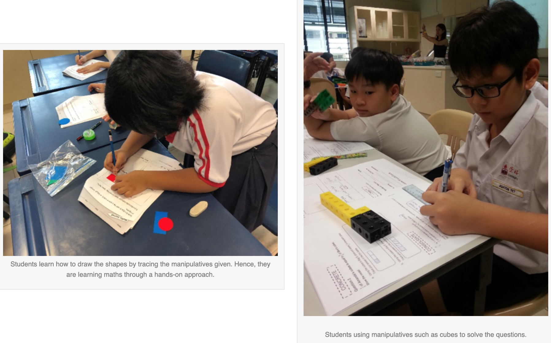 Two students use hands-on math manipulatives at desks, one tracing shapes and another using colored cubes on worksheets.